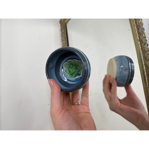 Signed Blue Miniture Pottery Trinket Bowl, Small Blue Pottery Vase - Picture 2 of 8